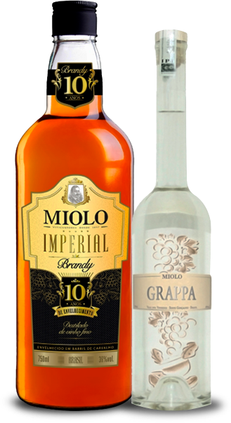 Foto das Garrafas do Brandy Imperial e da Grappa Miolo